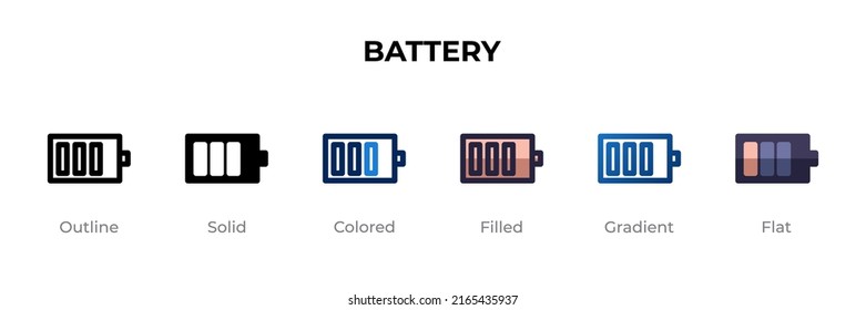 Icono de la batería con un estilo diferente. Iconos vectoriales de batería diseñados en contorno, sólido, colorido, relleno, gradiente y estilo plano. Símbolo, ilustración del logotipo. Ilustración del vector