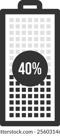 Battery icon displaying a 40 percent charge level, featuring a grid and percentage indicator, representing moderate power availability for various electronic devices