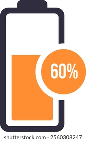 Battery icon displaying a 60 percent charge level, indicating the remaining power capacity, useful for visualizing energy status in electronic devices or applications