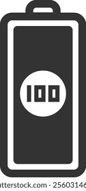 Battery icon displaying a full charge at one hundred percent, symbolizing maximum power and energy storage capabilities for electronic devices and modern technology