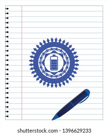 battery icon draw (pen strokes). Blue ink. Vector Illustration. Detailed.