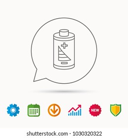 Battery icon. Electrical power sign. Rechargeable energy symbol. Calendar, Graph chart and Cogwheel signs. Download and Shield web icons. Vector