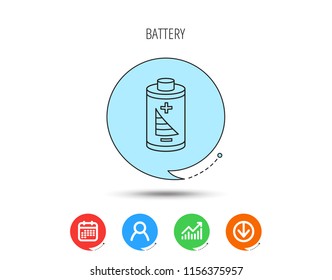 Battery icon. Electrical power sign. Rechargeable energy symbol. Calendar, User and Business Chart, Download arrow icons. Speech bubbles with flat signs. Vector