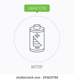 Battery icon. Electrical power sign. Rechargeable energy symbol. Linear outline circle button. Vector