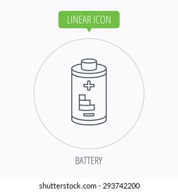 Battery icon. Electrical power sign. Rechargeable energy symbol. Linear outline circle button. Vector