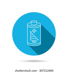 Battery icon. Electrical power sign. Rechargeable energy symbol. Blue flat circle button with shadow. Vector