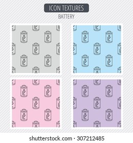 Battery icon. Electrical power sign. Rechargeable energy symbol. Diagonal lines texture. Seamless patterns set. Vector