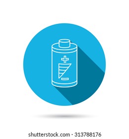 Battery icon. Electrical power sign. Rechargeable energy symbol. Blue flat circle button with shadow. Vector