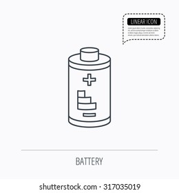 Battery icon. Electrical power sign. Rechargeable energy symbol. Linear outline icon. Speech bubble of dotted line. Vector