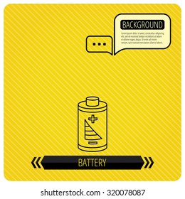 Battery icon. Electrical power sign. Rechargeable energy symbol. Chat speech bubbles. Orange line background. Vector