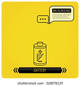 Battery icon. Electrical power sign. Rechargeable energy symbol. Chat speech bubbles. Orange line background. Vector