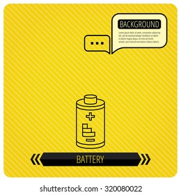 Battery icon. Electrical power sign. Rechargeable energy symbol. Chat speech bubbles. Orange line background. Vector