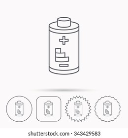 Battery icon. Electrical power sign. Rechargeable energy symbol. Linear circle, square and star buttons with icons.