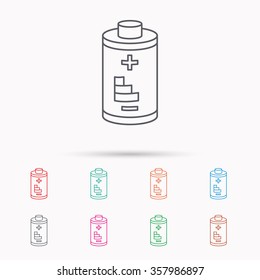 Battery icon. Electrical power sign. Rechargeable energy symbol. Linear icons on white background.