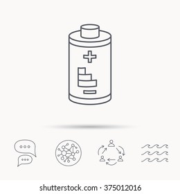 Battery icon. Electrical power sign. Rechargeable energy symbol. Global connect network, ocean wave and chat dialog icons. Teamwork symbol.