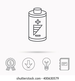 Battery icon. Electrical power sign. Rechargeable energy symbol. Download arrow, lamp, learn book and award medal icons.