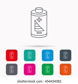 Battery icon. Electrical power sign. Rechargeable energy symbol. Linear icons in squares on white background. Flat web symbols. Vector