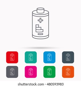 Battery icon. Electrical power sign. Rechargeable energy symbol. Linear icons in squares on white background. Flat web symbols. Vector