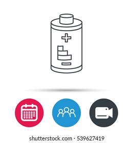 Battery icon. Electrical power sign. Rechargeable energy symbol. Group of people, video cam and calendar icons. Vector