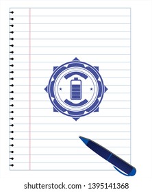 battery icon emblem draw with pen effect. Blue ink. Vector Illustration. Detailed.