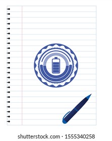 battery icon emblem with pen effect. Blue ink. Vector Illustration. Detailed.