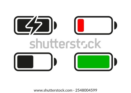 Battery icon. Energy power set. Battery vector symbol. Full low charge isolated on white background.