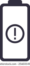 Battery icon with exclamation point representing critical power level, symbolizing the need for immediate charging or power source connection for electronic devices