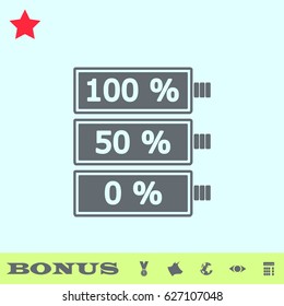Battery icon flat. Grey pictogram on blue background. Vector illustration symbol and bonus buttons medal, cow, earth, eye, calculator