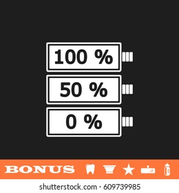 Battery icon flat. White pictogram on black background. Vector illustration symbol and bonus button tooth, vase, star, mirror, bottle
