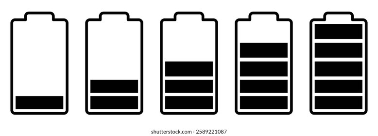 Battery icon. Battery full charge or low charge indicator. Level battery charge icon. Battery icon set vector illustration.
