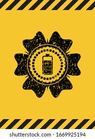 battery icon grunge black emblem with yellow background, warning sign. Vector Illustration. Detailed.
