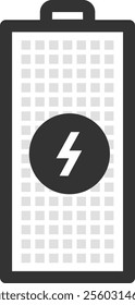 Battery icon illustrating charging status with a prominent lightning symbol, conveying themes of energy, power, and electricity in a modern, digital design