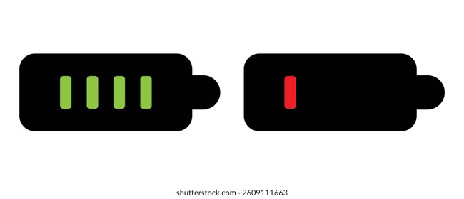 Battery icon illustration showing full and low charge levels. infographics, app interfaces, web, educational materials. technology, energy, power, and device-related. Vector concept.