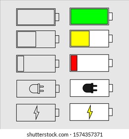Battery icon indicator collection of vector icons as well as the battery charge level.