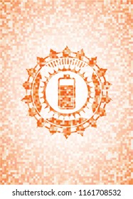 battery icon inside abstract emblem, orange mosaic background