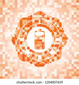 battery icon inside abstract emblem, orange mosaic background