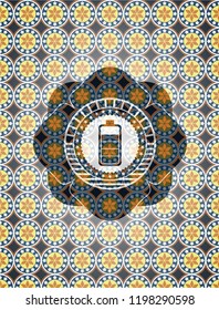 battery icon inside arabesque badge background. arabic decoration.