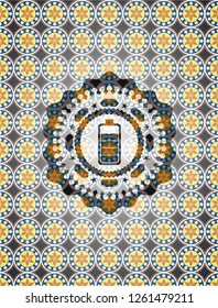 battery icon inside arabesque style badge. arabic decoration.