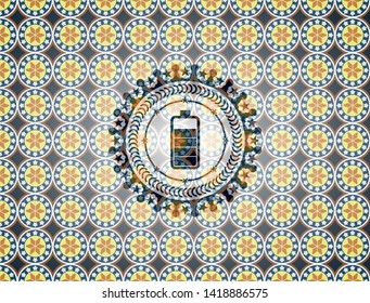 battery icon inside arabesque style badge. arabic decoration.