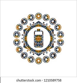 battery icon inside arabic badge. Arabesque decoration.