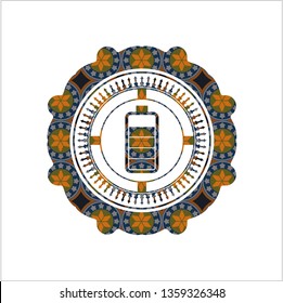 battery icon inside arabic badge. Arabesque decoration.