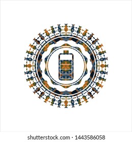 battery icon inside arabic badge. Arabesque decoration.