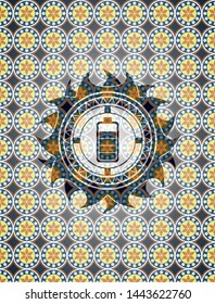 battery icon inside arabic badge. Arabesque decoration.