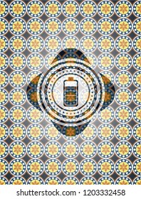 battery icon inside arabic style badge. Arabesque decoration.
