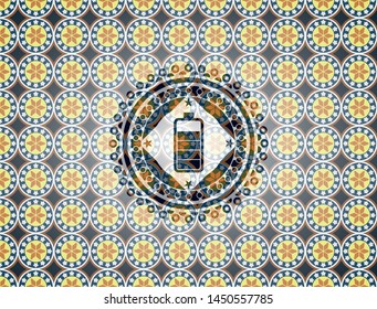 battery icon inside arabic style badge. Arabesque decoration.
