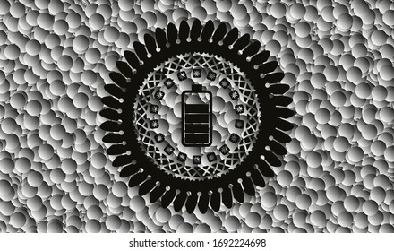 icono de la batería dentro del emblema negro con fondo de burbujas grises. Vintage. Ilustración vectorial. Detallado.
