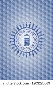 battery icon inside blue badge with geometric pattern background.