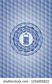 battery icon inside blue emblem or badge with abstract geometric pattern background.