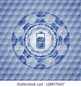 battery icon inside blue emblem or badge with abstract geometric pattern background.