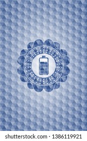 battery icon inside blue emblem or badge with abstract geometric polygonal pattern background.